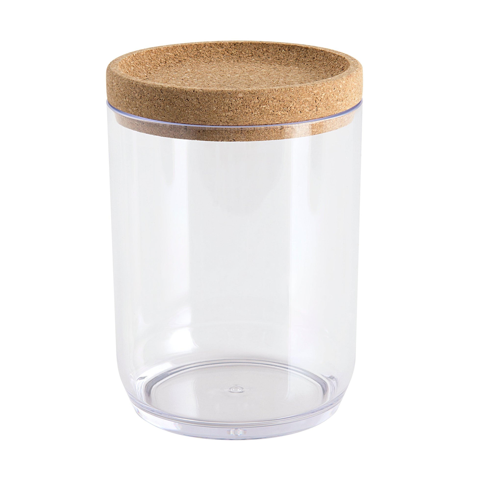 Two Clear Round Plastic Canisters With Cork Lids and One Cork Oval Tray Set - Allure Home Creation