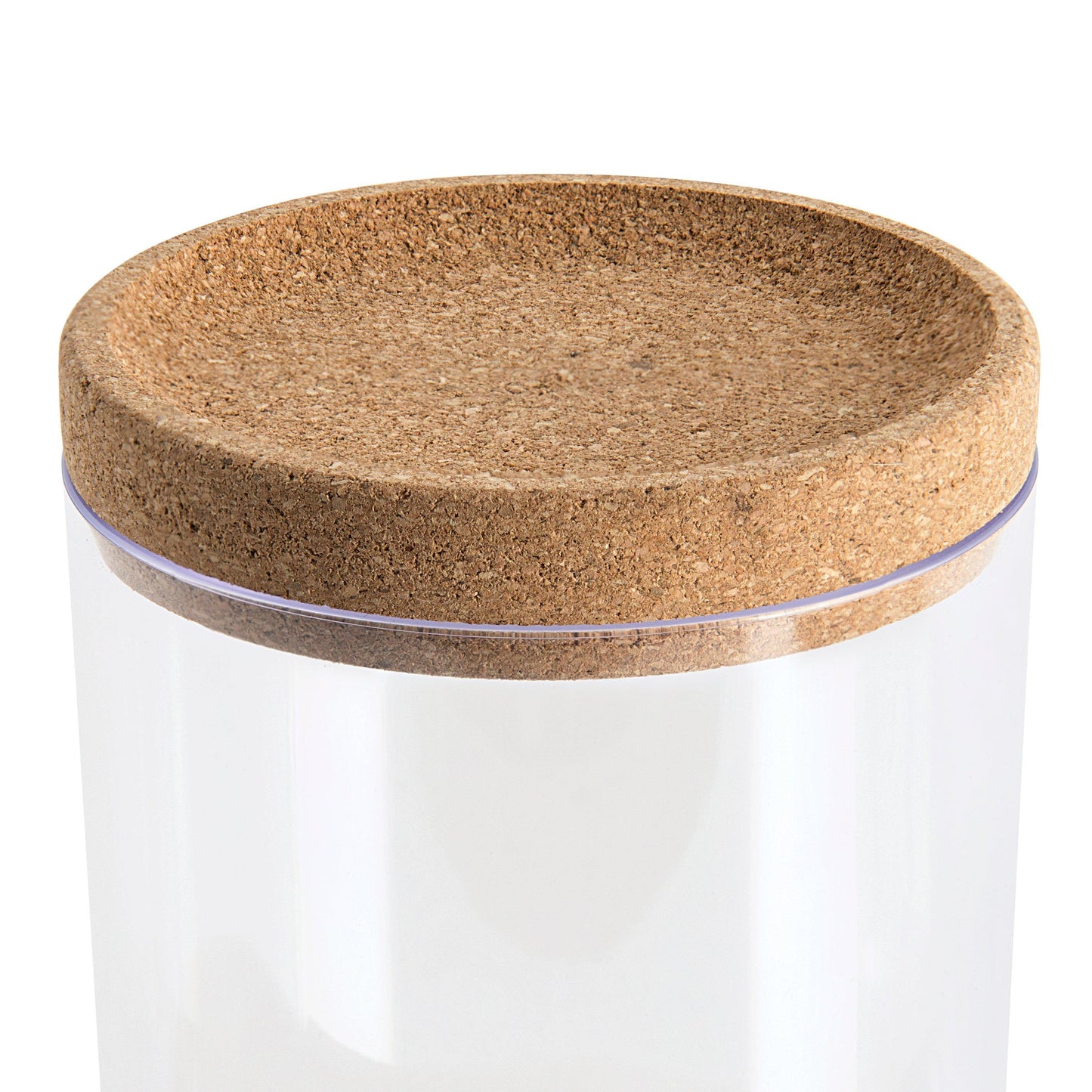 Two Clear Round Plastic Canisters With Cork Lids and One Cork Oval Tray Set - Allure Home Creation