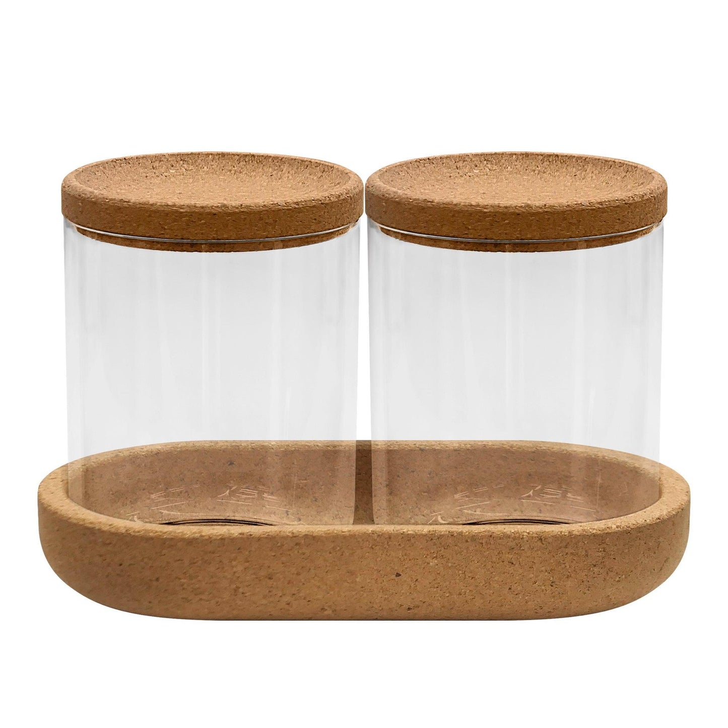 Two Clear Round Plastic Canisters With Cork Lids and One Cork Oval Tray Set - Allure Home Creation