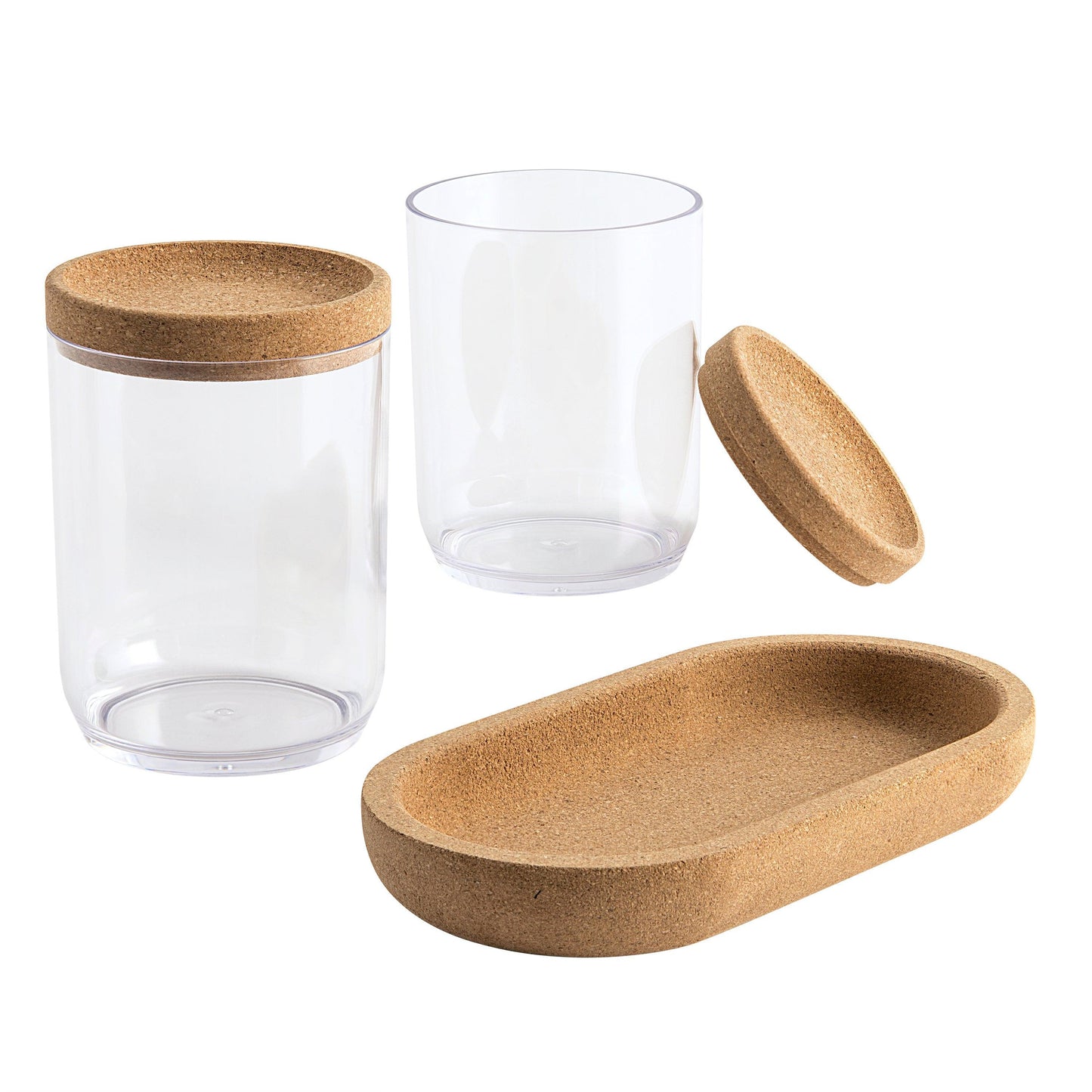 Two Clear Round Plastic Canisters With Cork Lids and One Cork Oval Tray Set - Allure Home Creation